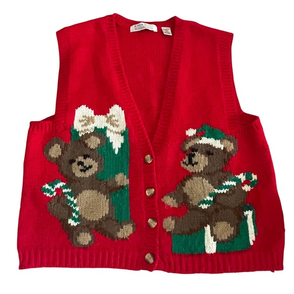 Vintage Karen Scott Red Teddy Bear Christmas Sweater Vest L Holiday Novelty Knit - Picture 1 of 8